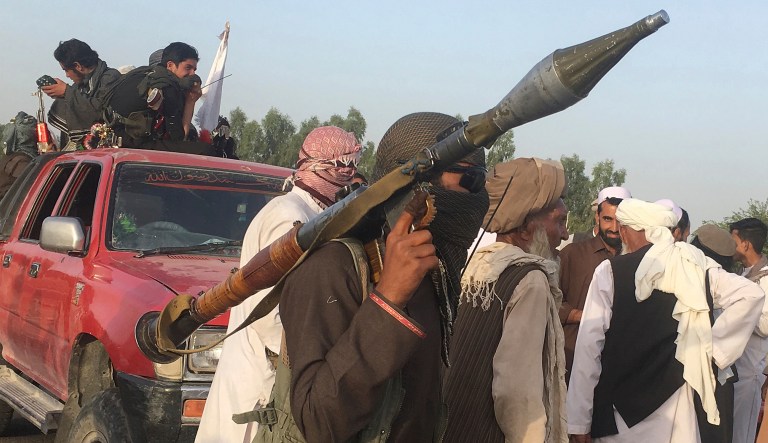 Taliban fighters gather in Surkhroad district of Nangarhar province, east of Kabul, Afghanistan, on June 16.