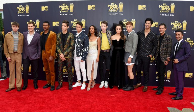 The cast of "13 Reasons Why" arrive at the MTV Movie and TV Awards at the Barker Hangar on Saturday, June 16, 2018, in Santa Monica, Calif. 