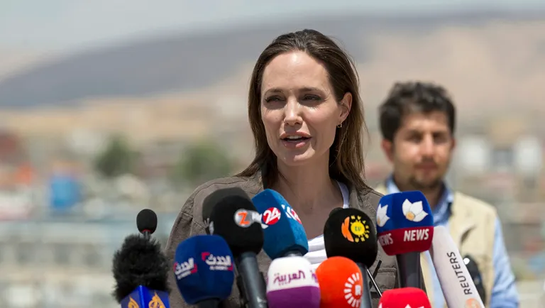 Special Envoy of the United Nations High Commissioner for Refugees (UNHCR), Angelina Jolie, gives a press conference in the Domiz camp for Syrian refugees.