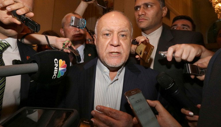 Iran's Minister of Petroleum Bijan Namdar Zangeneh speaks to journalists at a hotel in Vienna, Austria, Tuesday, June 19, 2018.