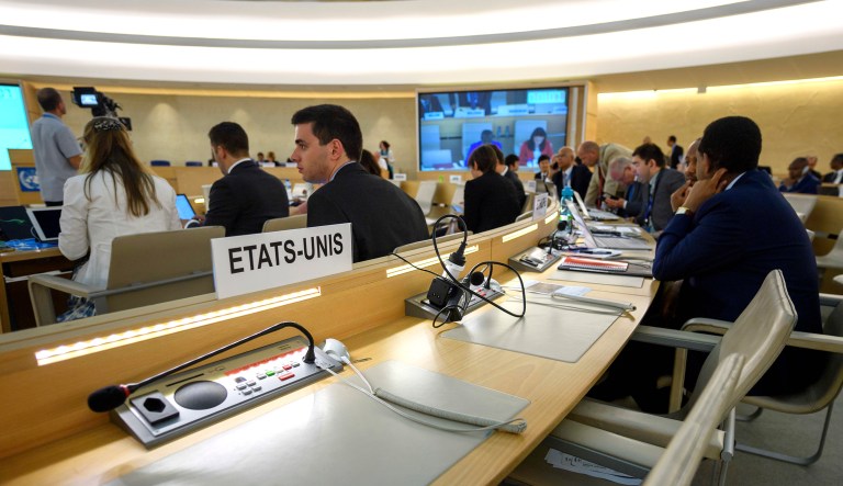 The U.S. name sign is photographed one day after the U.S. announced its withdrawal at the 38th session of the U.N. Human Rights Council at the U.N. headquarters in Geneva on Wednesday.
