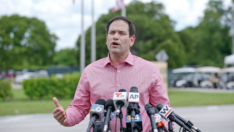 U.S. Sen Marco Rubio speaks during a news conference in front of the Homestead Temporary Shelter for Unaccompanied Children, on Friday, June 22, 2018, in Homestead, Fla.