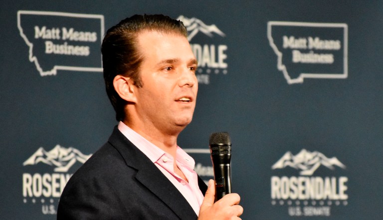 Donald Trump Jr., center, speaks to Montana Republicans at the state party's annual convention in Billings, Mont.