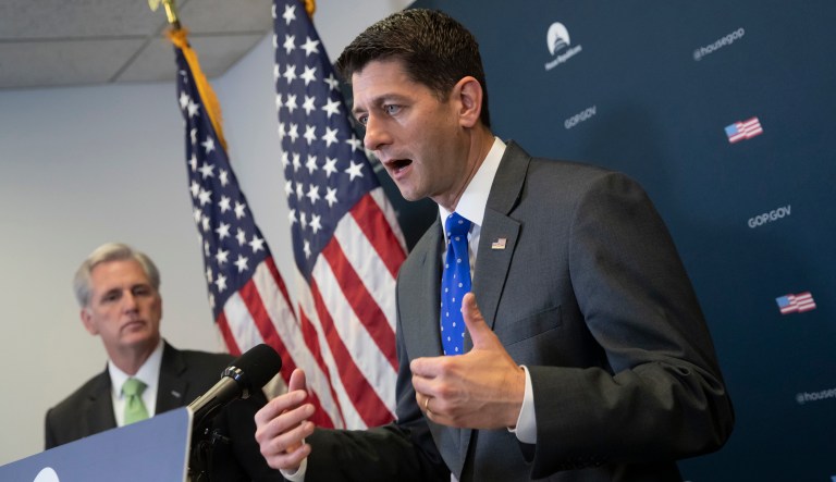 Speaker of the House Paul Ryan, R-Wis., joined by Majority Leader Kevin McCarthy, R-Calif., talks to reporters following a closed-door GOP strategy session. 