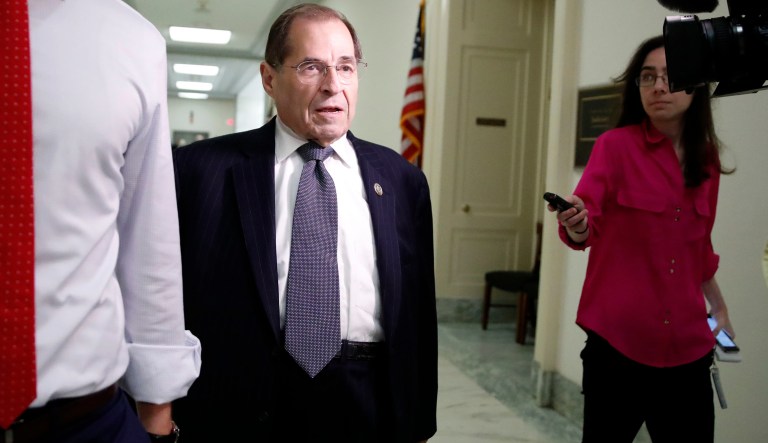 Ranking Member Rep. Jerrold Nadler, D-N.Y., arrives for a deposition before the House Judiciary Committee by Peter Strzok, the FBI agent facing criticism following a series of anti-Trump text messages, on Capitol Hill, Wednesday, June 27, 2018 in Washington. 