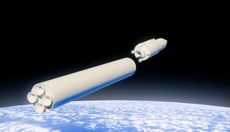 FILE - In this video grab file photo provided by RU-RTR Russian television via AP television on Thursday, March 1, 2018, a computer simulation shows the Avangard hypersonic vehicle being released from booster rockets. Russian President Vladimir Putin boasted about his country's prospective nuclear weapons, saying they are years and even decades ahead of foreign designs.