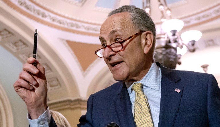 Senate Minority Leader Chuck Schumer, D-N.Y., talks during a news conference on Capitol Hill in D.C.