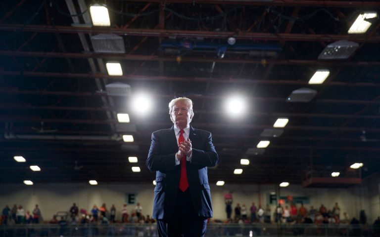 President Donald Trump walks from the stage after speaking at a rally at the Four Seasons Arena at Montana ExpoPark, Thursday, July 5, 2018, in Great Falls, Mont., in support of Rep. Greg Gianforte, R-Mont., and GOP Senate candidate Matt Rosendale.