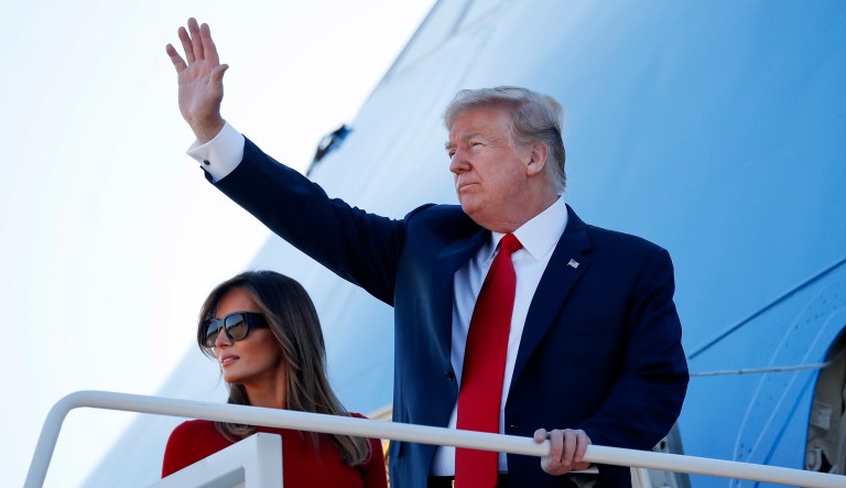 President Trump and first lady Melania Trump board Air Force One on Tuesday at Andrew Air Force Base, Md. Trump is traveling on a weeklong trip to Europe on a four-nation tour, with stops in Belgium, England, Scotland and Finland.