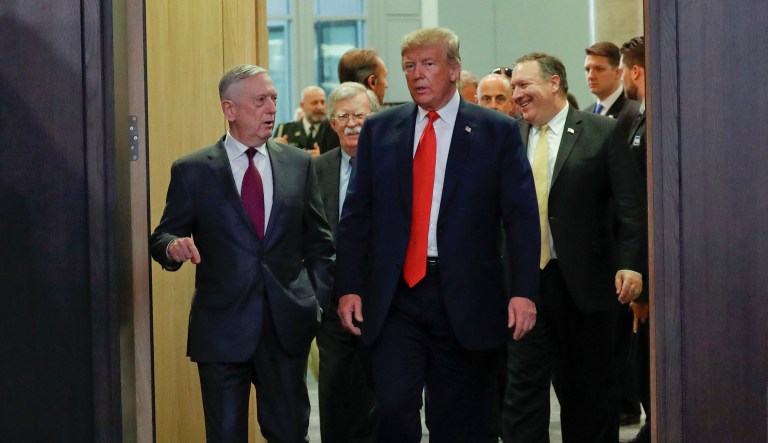 President Trump, right, walks in with Defense Secretary Jim Mattis, left, as they arrive to attend the multilateral meeting of the North Atlantic Council, Wednesday, July 11, 2018 in Brussels, Belgium. Walking behind him are National Security Advisor John Bolton and Secretary of State Mike Pompeo.