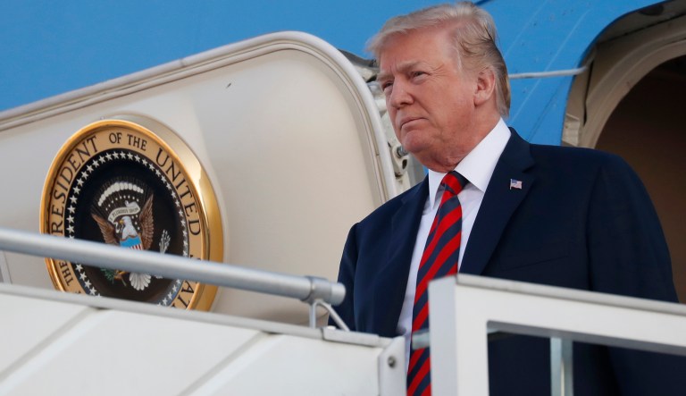 U.S. President Donald Trump arrives at the airport in Helsinki, Finland, Sunday, July 15, 2018 on the eve of his meeting with Russian President Vladimir Putin.