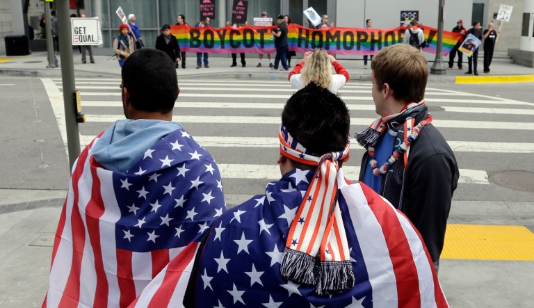 Conservatives can’t win cultural wars without capitalist ones Demonstrators from a coalition of gay rights organizations, religious and political groups protest the treatment of gays in Russia, whose coastal city of Sochi hosts the 22nd Olympic Winter Games, outside the final stop of the "Road to Sochi," a traveling exhibit hosted by the U.S. Olympic Committee, at LALive in downtown Los Angeles Friday, Feb. 7, 2014.