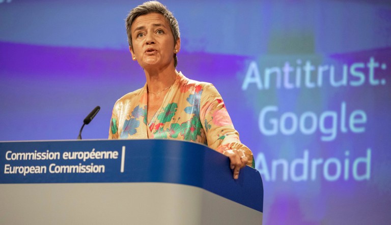 EU Commissioner Margrethe Vestager holds a press conference on a Competition Case involving Google Android at the European Commission building, in Brussels on Wednesday, July 18, 2018. The European Union's antitrust chief has fined Google a record $5 billion for abusing the market dominance of its Android mobile phone operating system.