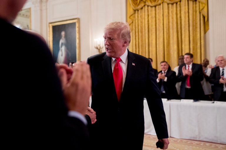 President Donald Trump departs after signing an Executive Order that establishes a National Council for the American Worker during a ceremony in the East Room of the White House, Thursday, July 19, 2018, in Washington.