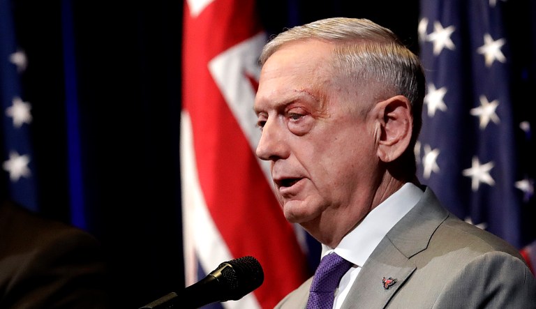 U.S. Secretary of Defense Jim Mattis speaks at a news conference.