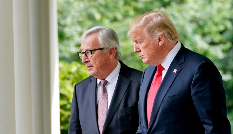 President Trump (right) and European Commission President Jean-Claude Juncker walk out of the White House.