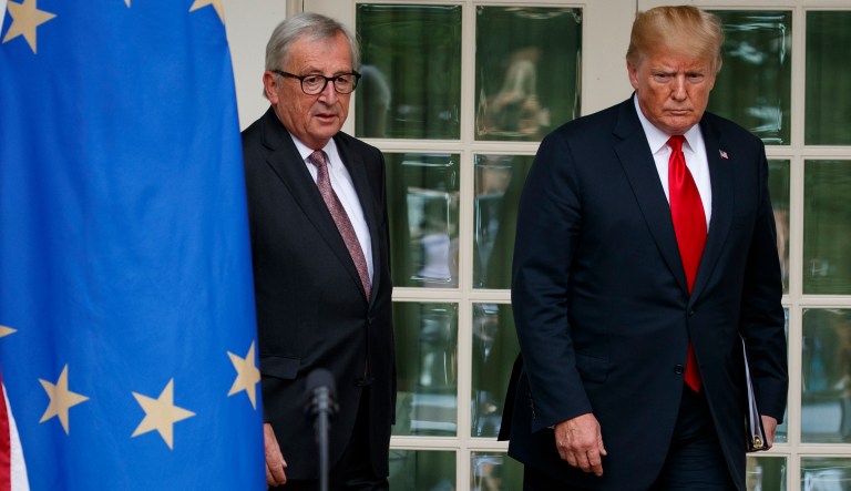 President Trump and European Commission president Jean-Claude Juncker arrive to speak in the Rose Garden of the White House, Wednesday, July 25, 2018, in Washington.
