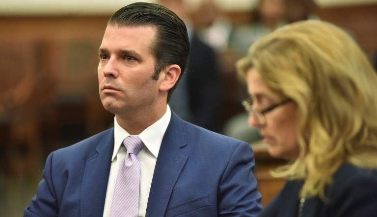 Donald Trump Jr. appears in court for a hearing in his divorce case in New York, Thursday, July 26, 2018. Vanessa Trump filed for divorce from Trump Jr. in March.
