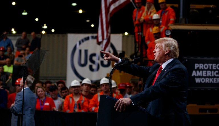 President Donald Trump speaks on trade at Granite City Works Steel Coil Warehouse, Thursday, July 26, 2018, Granite City, Ill.