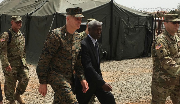 Gen. Thomas D. Waldhauser, commander of U.S. Africa Command, is joined by U.S. Ambassador to Senegal Tulinabo S. Mushingi, on a tour of a cooperative security location Camp Cisse in Dakar, Senegal, Monday, July 30, 2018.