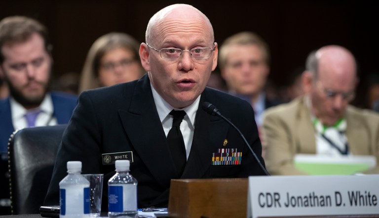 Federal Health Coordinating Official for the 2018 UAC Reunification Effort Cmdr. Jonathan White testifies as the Senate Judiciary Committee holds a hearing on the Trump administration's policies on immigration enforcement and family reunification efforts, on Capitol Hill in Washington, Tuesday, July 31, 2018.