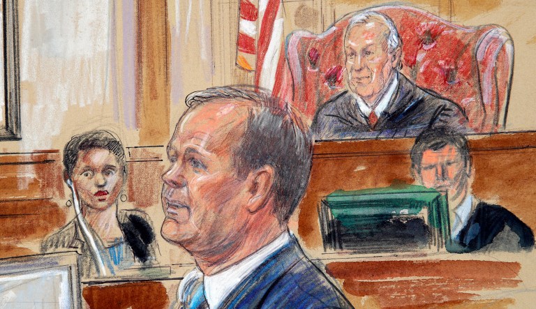 This courtroom sketch depicts Rick Gates testifying during questioning in the bank fraud and tax evasion trial of Paul Manafort at federal court in Alexandria, Va., on Aug. 7, 2018. U.S. district Judge T.S. Ellis III presides.