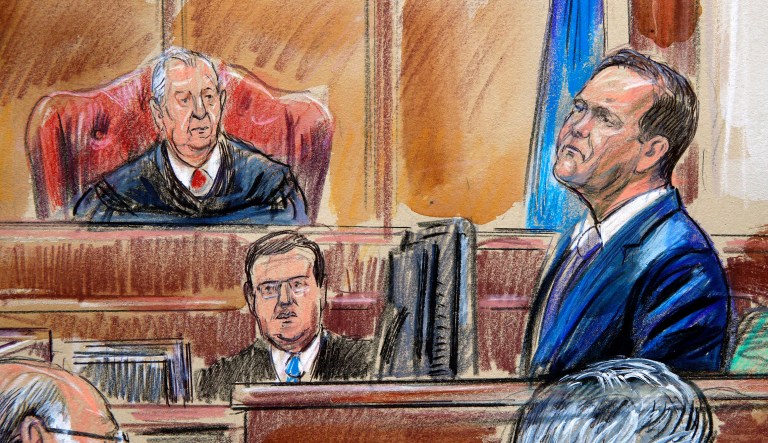 This courtroom sketch depicts Rick Gates on the witness stand as he is cross examined by defense lawyer Kevin Downing during the trial of former Donald Trump campaign chairman Paul Manafort on bank fraud and tax evasion at federal court in Alexandria, Va., Tuesday. U.S. District Court Judge T.S. Ellis III presides. 