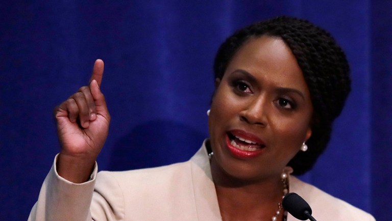 Boston City Councilor Ayanna Pressley, who is challenging incumbent Rep. Michael Capuano, D-Mass., during a debate at the University of Massachusetts, in Boston, Tuesday, Aug. 7, 2018. 