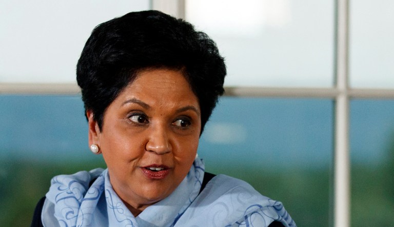 PepsiCo's departing CEO Indra Nooyi speaks during an event.
