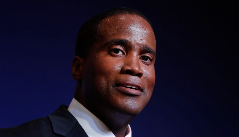 Republican U.S. Senate candidate John James speaks at a primary night election party in Detroit, Tuesday, Aug. 7, 2018.
