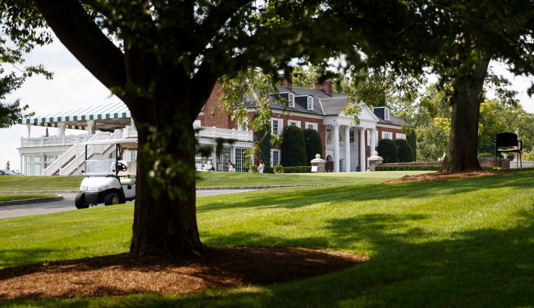 The clubhouse of Trump National Golf Club is seen from the media van in Bedminster, New Jersey.