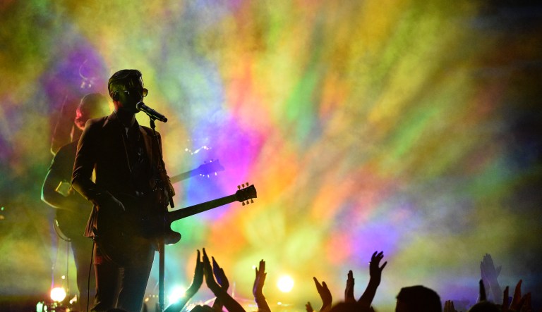 Mark Foster, of Foster the People, performs "Sit Next To Me" at the Teen Choice Awards at The Forum on Sunday, Aug. 12, 2018, in Inglewood, Calif.