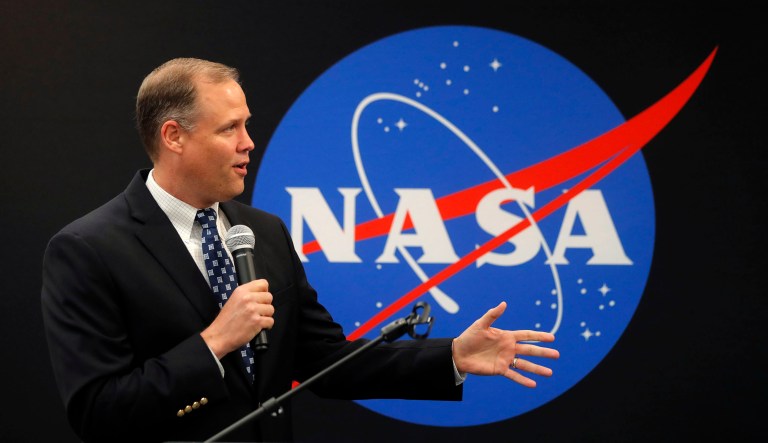 NASA Administrator James Bridenstine delivers remarks as he tours the NASA Michoud Assembly Facility in New Orleans.