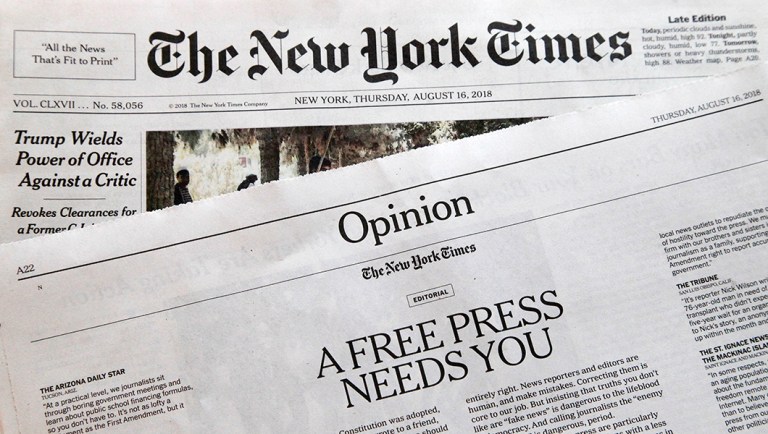 The header of the opinion section of the New York Times is shown.