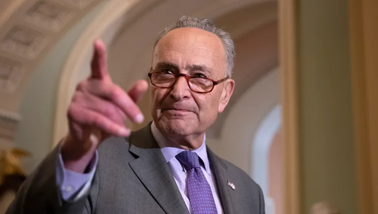 Senate Minority Leader Chuck Schumer, D-N.Y., speaks with reporters following the weekly Democratic policy meetings.