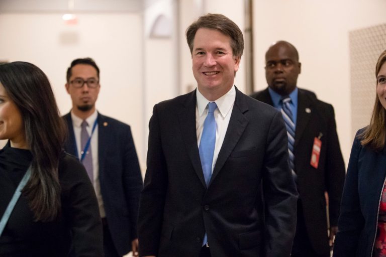 President Donald Trump's Supreme Court nominee, Judge Brett Kavanaugh, arrives to meet with Sen. Chris Coons, D-Del., a member of the Senate Judiciary Committee which will oversee his confirmation, on Capitol Hill in Washington, Thursday, Aug. 23, 2018.