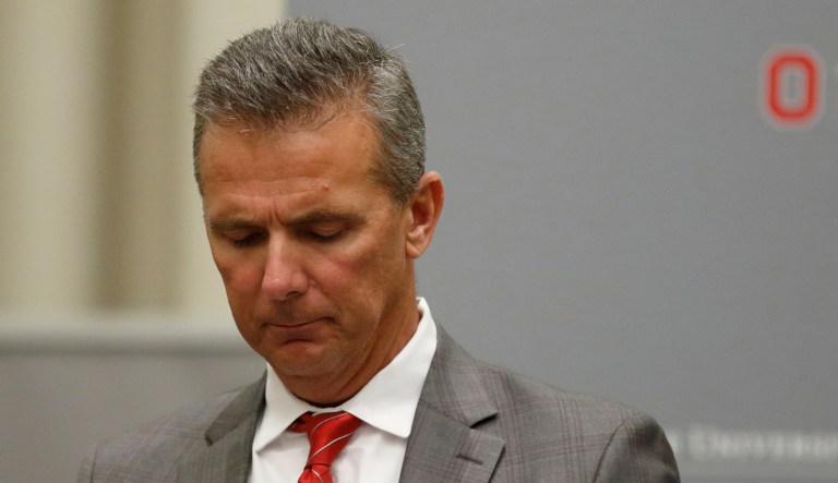 Ohio State University football coach Urban Meyer makes a statement during a press conference in Columbus, Ohio, Aug. 22, 2018.