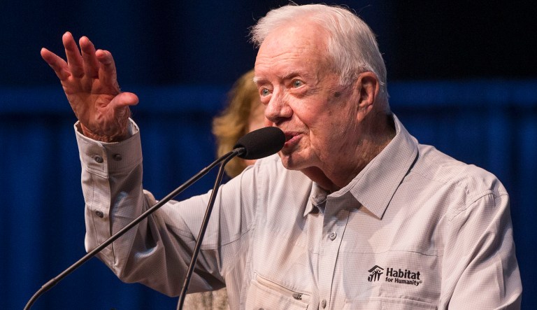 Former President Jimmy Carter speaks during the opening ceremony event for the Jimmy & Rosalynn Carter Work Project on Sunday, Aug. 26, 2018, inside the University of Notre Dame's Purcell Pavilion in South Bend, Ind.