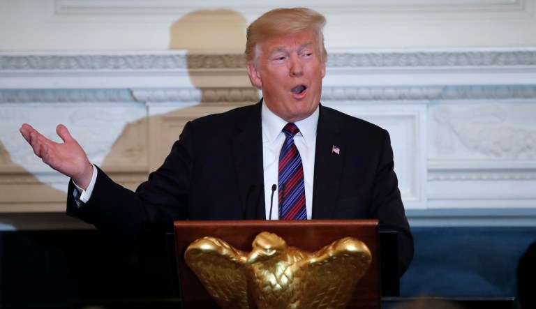 President Trump speaks during a dinner for evangelical leaders in the State Dining Room of the White House, Aug. 27, 2018, in Washington.