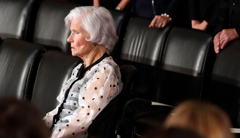 Roberta McCain, mother of Sen. John McCain, R-Ariz., is seated before McCain's casket arrives to lie in state in the Rotunda of the U.S. Capitol Rotunda in Washington.