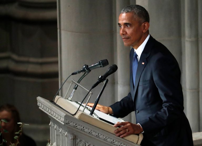 Former President Barack Obama speaks at a memorial service for Sen. John McCain, R-Ariz., at Washington National Cathedral in Washington, Saturday, Sept. 1, 2018. McCain died Aug. 25, from brain cancer at age 81. 