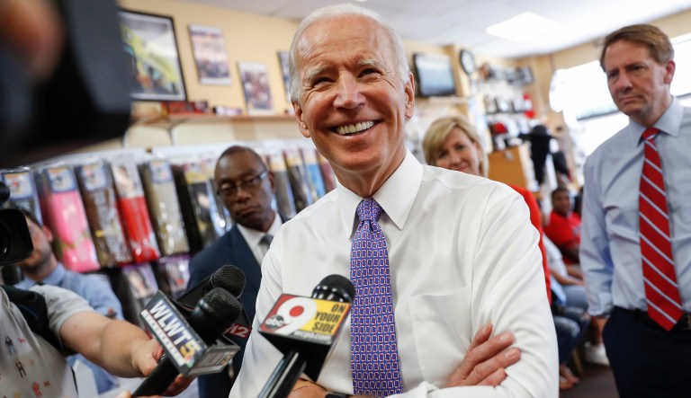 FILE - In this June 29, 2018, file photo, former Vice President Joe Biden speaks to the media in Cincinnati.  Biden is convinced he can beat President Donald Trump, friends and advisers say, and he has given himself until January to deliberate and size up potential competition for the Democratic nomination, according to people who have spoken to the former vice president about his decision making.