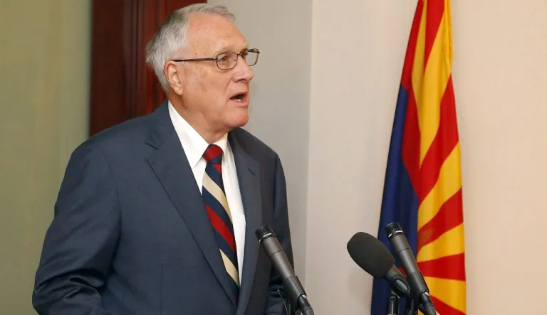 Former Sen. Jon Kyl, R-Ariz., talks about his appointment by Gov. Doug Ducey, R-Ariz., to fill Sen. John McCain's seat in the U.S. Senate at a news conference at the Arizona Capitol Tuesday, Sept. 4, 2018, in Phoenix.