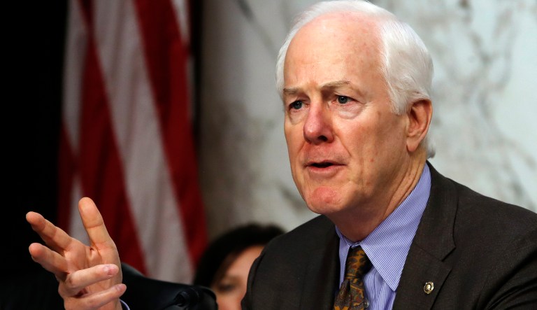 Senate Majority Whip Sen. John Cornyn, R-Texas, asks a question of President Donald Trump's Supreme Court nominee, Brett Kavanaugh as he testifies before the Senate Judiciary Committee on Capitol Hill in Washington, Wednesday, Sept. 5, 2018, for the second day of his confirmation hearing to replace retired Justice Anthony Kennedy. 