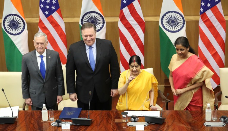 U.S. Defense Secretary James Mattis, U.S. Secretary of State Mike Pompeo, Indian Foreign Minister Sushma Swaraj, and Indian Defense Minister Nirmala Sitharaman stand for photographs before making a joint statement after their meeting in New Delhi, India, on Thursday.