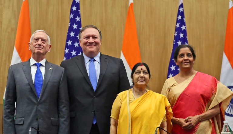 From left, U.S. Defense Secretary James Mattis, U.S. Secretary of State Mike Pompeo, Indian Foreign Minister Sushma Swaraj and Indian Defense Minister Nirmala Sitharaman pose for media after making a joint statement after the so called "2+2" meeting in New Delhi, India, on Thursday.