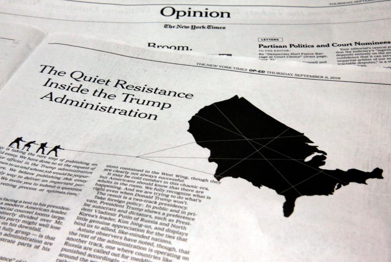 This photo shows an anonymous opinion piece in The New York Times in New York, Thursday, Sept. 6, 2018. President Donald Trump lashed out against the anonymous senior official who wrote it, claiming to be part of a "resistance" working "from within" to thwart the commander-in-chief's most dangerous impulses.