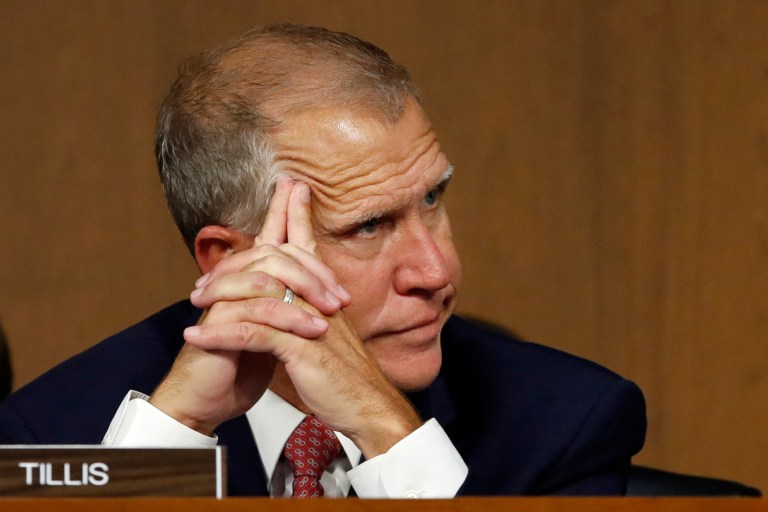 Sen. Thom Tillis, R-N.C., listens as President Donald Trump's Supreme Court nominee, Brett Kavanaugh, answers questions during a third round on the third day of his Senate Judiciary Committee confirmation hearing, Thursday, Sept. 6, 2018, on Capitol Hill in Washington, to replace retired Justice Anthony Kennedy. 