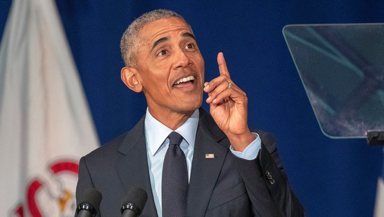 Former President Barack Obama speaks in Foellinger Auditorium on the University of Illinois campus in Urbana, Ill.