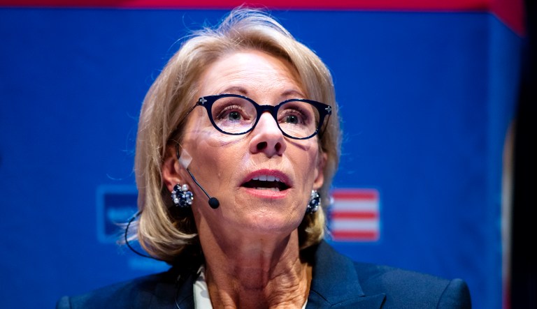 Education Secretary Betsy DeVos speaks during an event in Philadelphia.